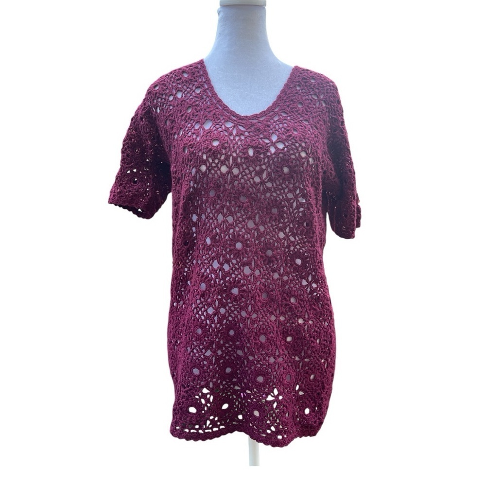 Handmade Crochet Burgundy Tunic Top Cover Up Boho Festival V Neck Short Sleeve